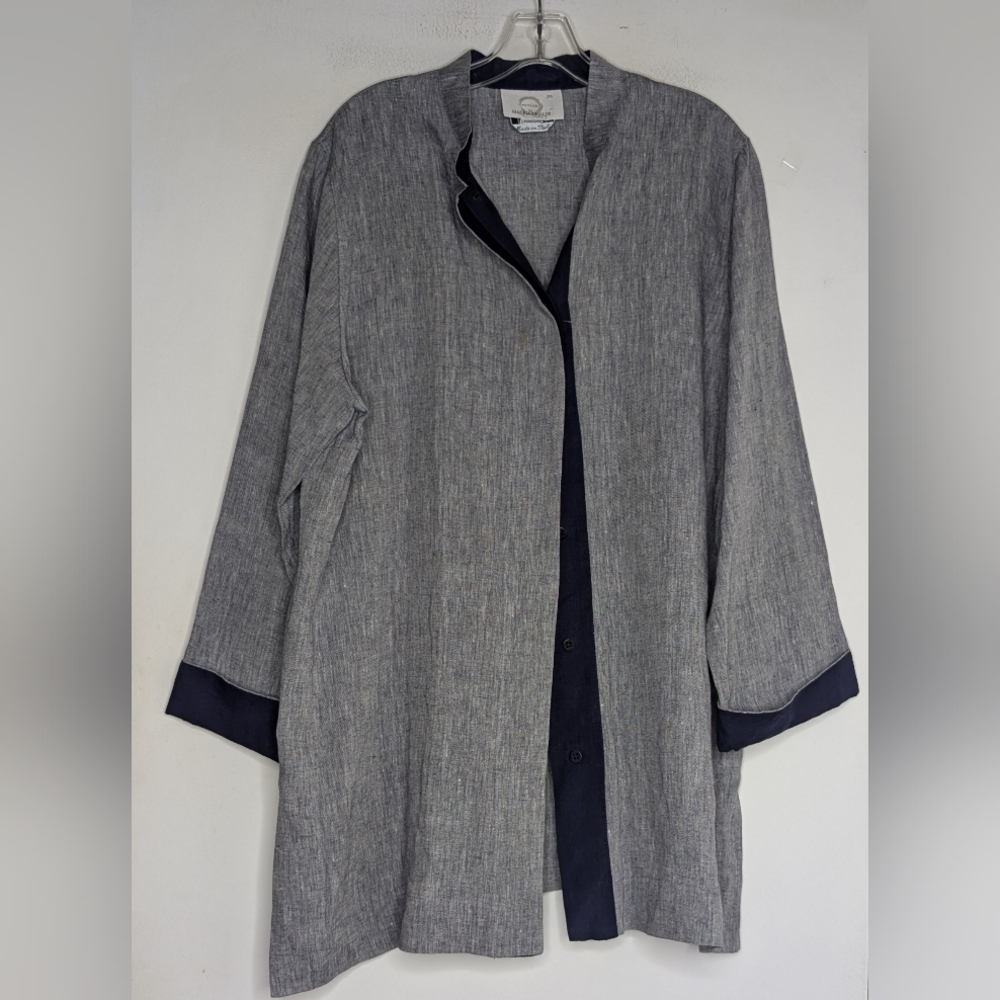 Vintage Voyage Lightweight Linen Jacket — Relaxed Fit, Collarless Gray/Navy EUC